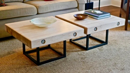 Modern maple wood and welded metal coffee table set.