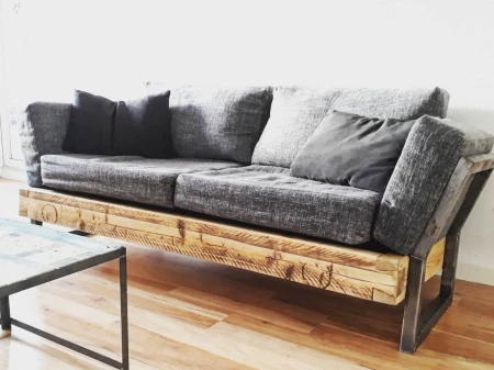 Industrial style wood and metal couch