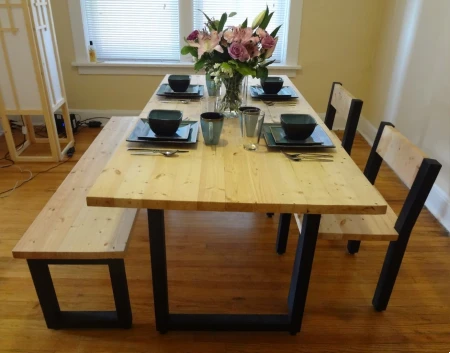 Steel and 2x4 wood dining table with bench and chairs